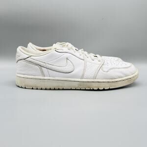 Jordan Shoes Mens 11 Triple White Leather Air Jordan 1 Low Lace Up Golf Sneakers